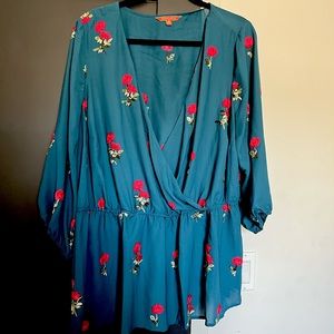 NWOT ModCloth “Reservations Made” peplum wrap top - dark teal w/ rose embroidery